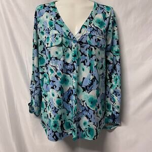 Covington Top Blouse V Neck 2 Pocket Gathered Sleeves Teal